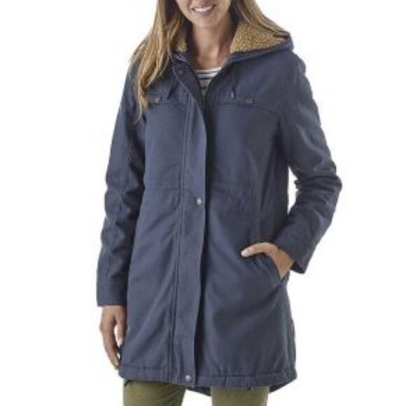 Patagonia Women's Prairie Dawn Parka Size M Smolder Blue With Tan Sherpa NWTU - Picture 1 of 11
